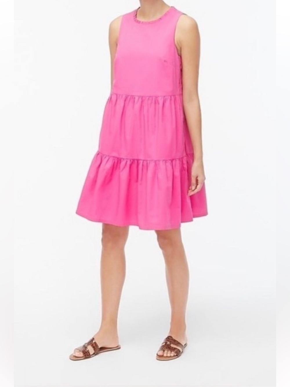 J. Crew Hot Pink Preppy Coastal Summer Cotton Blend Sleeveless Tiered Dress